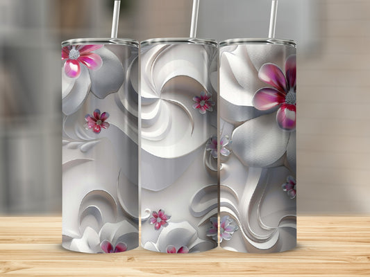 Three white tumblers with raised floral patterns and pink accents.