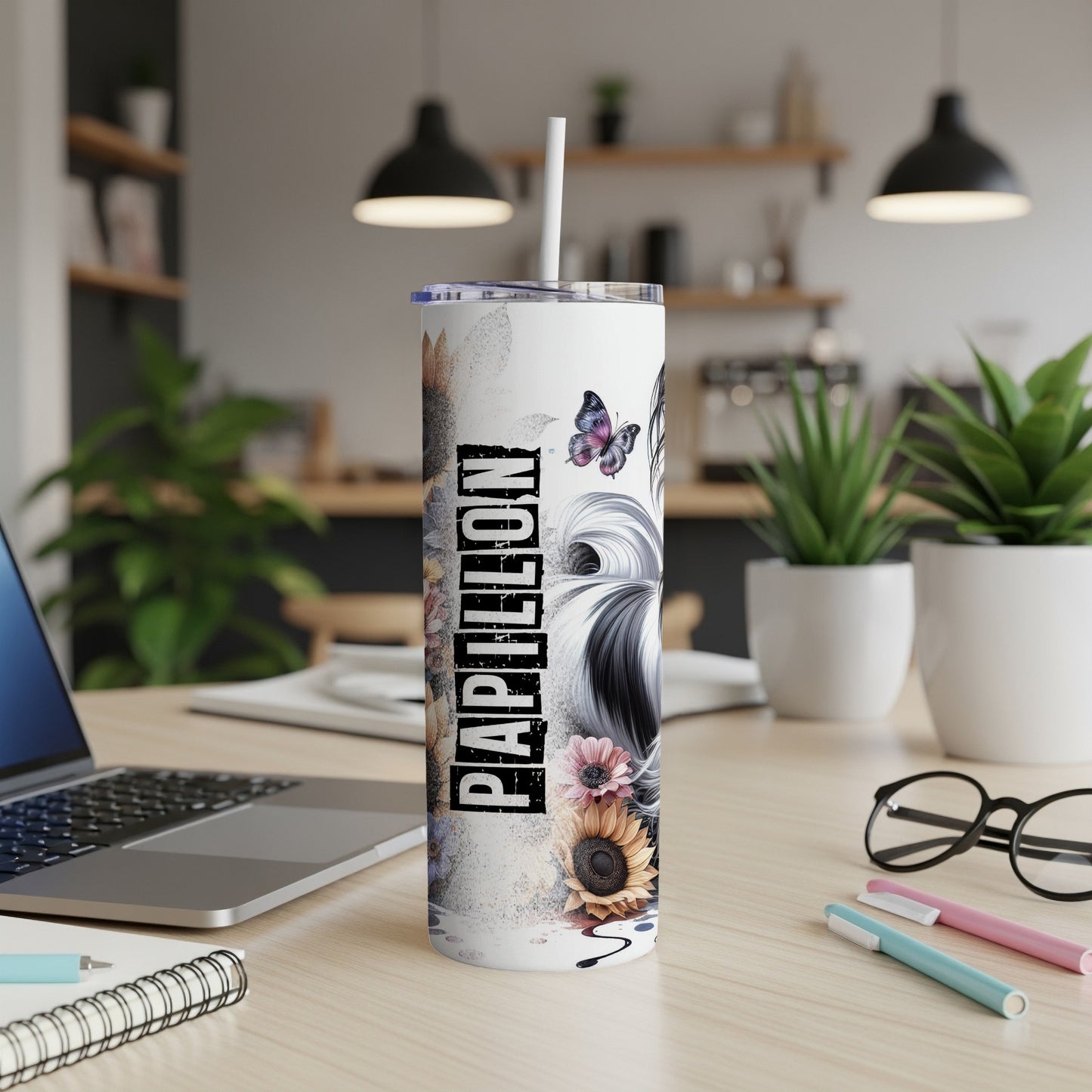 White tumbler with "Papillon" text, floral, and butterfly graphics.