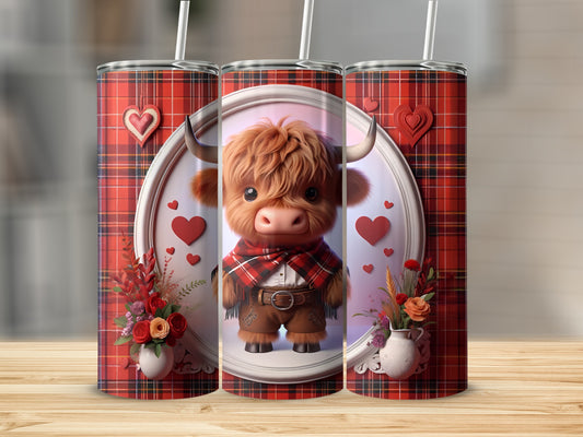 Highland cow in plaid scarf and cowboy outfit, framed with hearts and flowers.