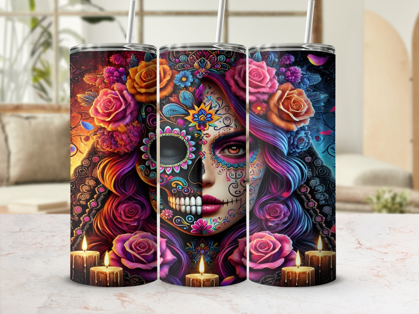 Colorful Sugar Skull and Roses Tumbler With Straw