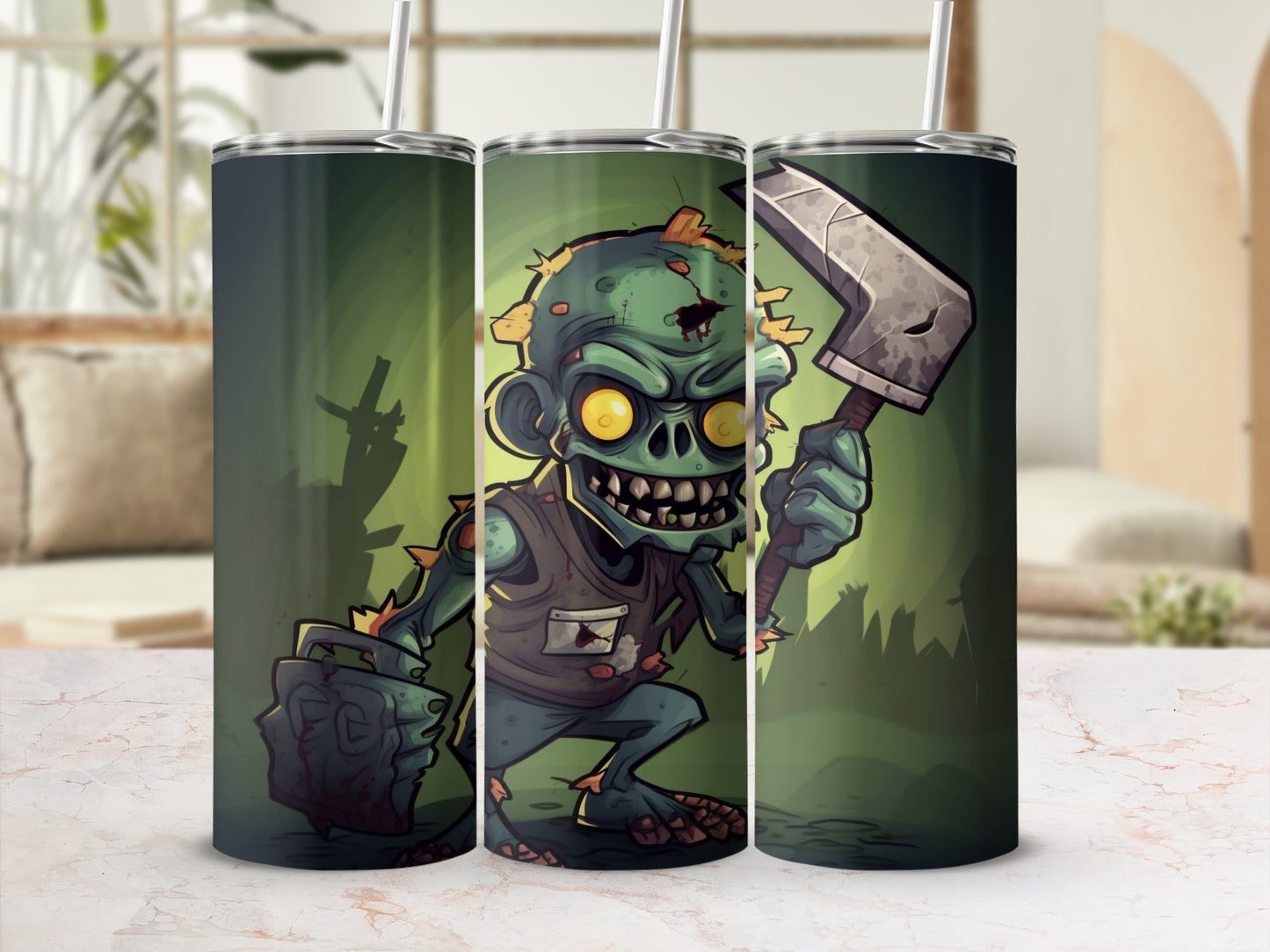 Zombie Holding Hatchet Graphic Tumbler Cup Flask