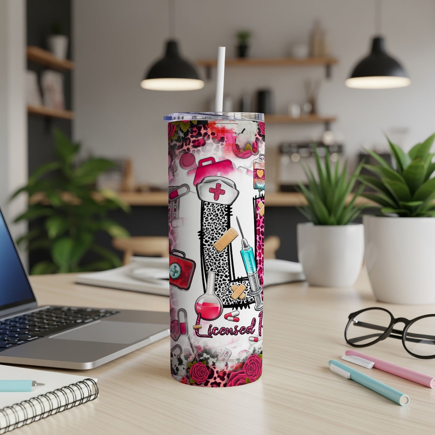 Tumbler with medical symbols, stethoscope, and "Licensed Nurse" text.