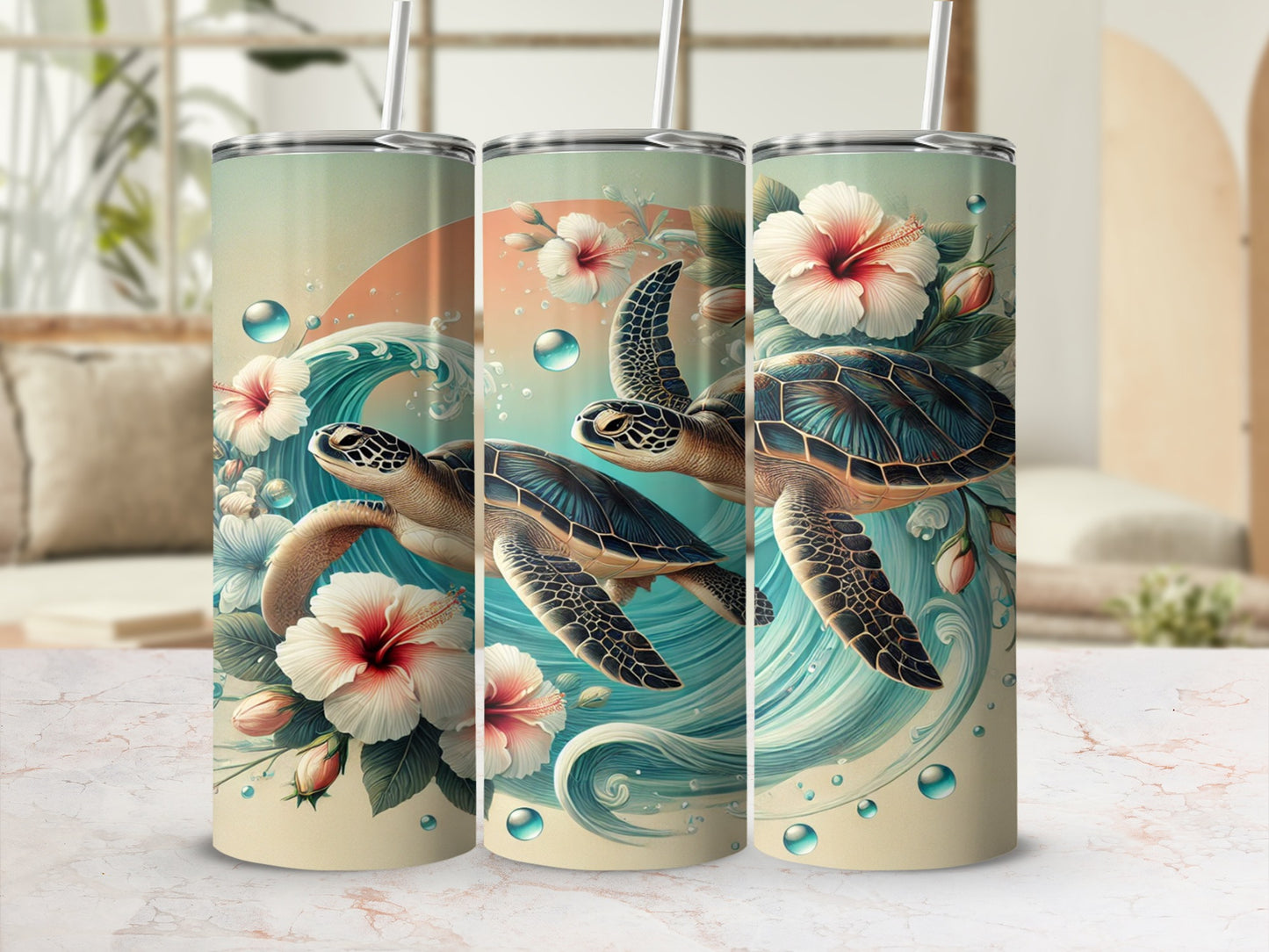 Sea Turtle and Hibiscus Art Insulated Tumbler
