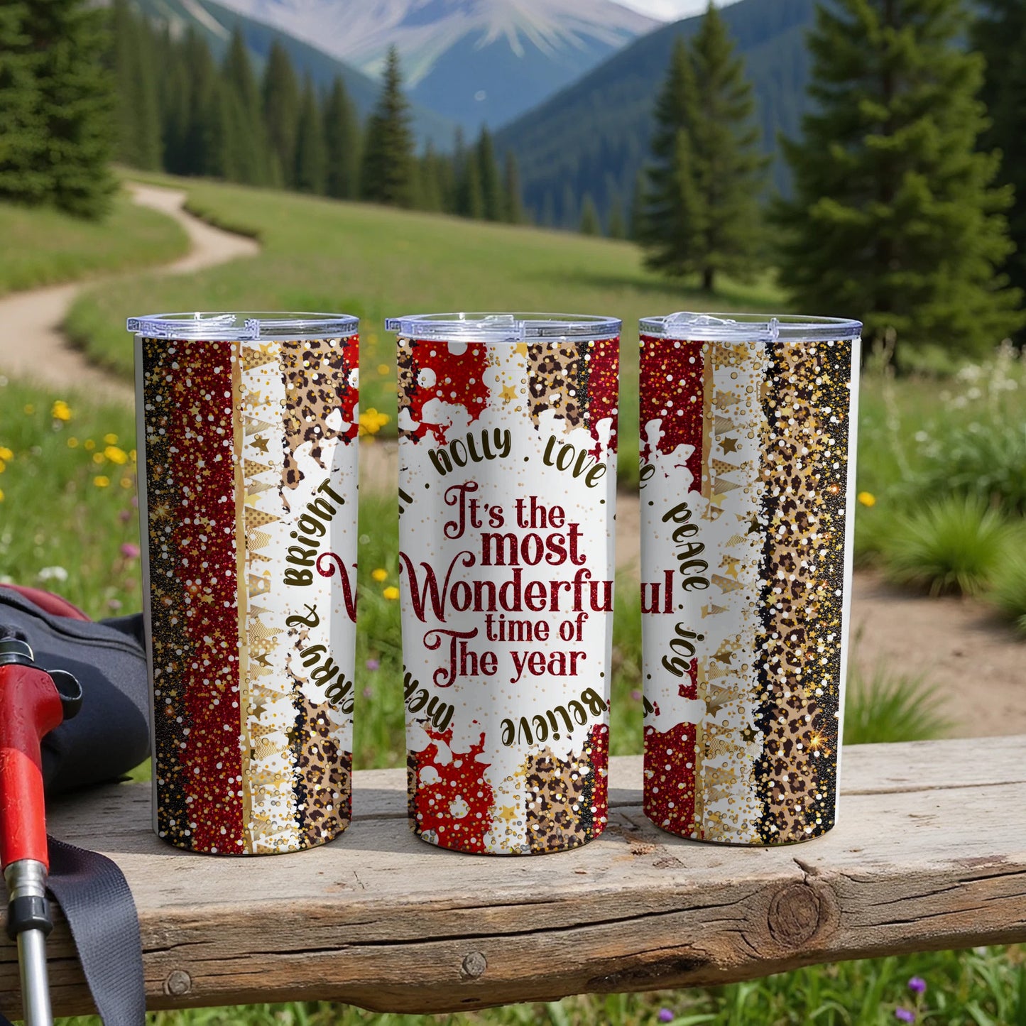 Three tumblers with "Holly Love, It's the most Wonderful time of the year" text.