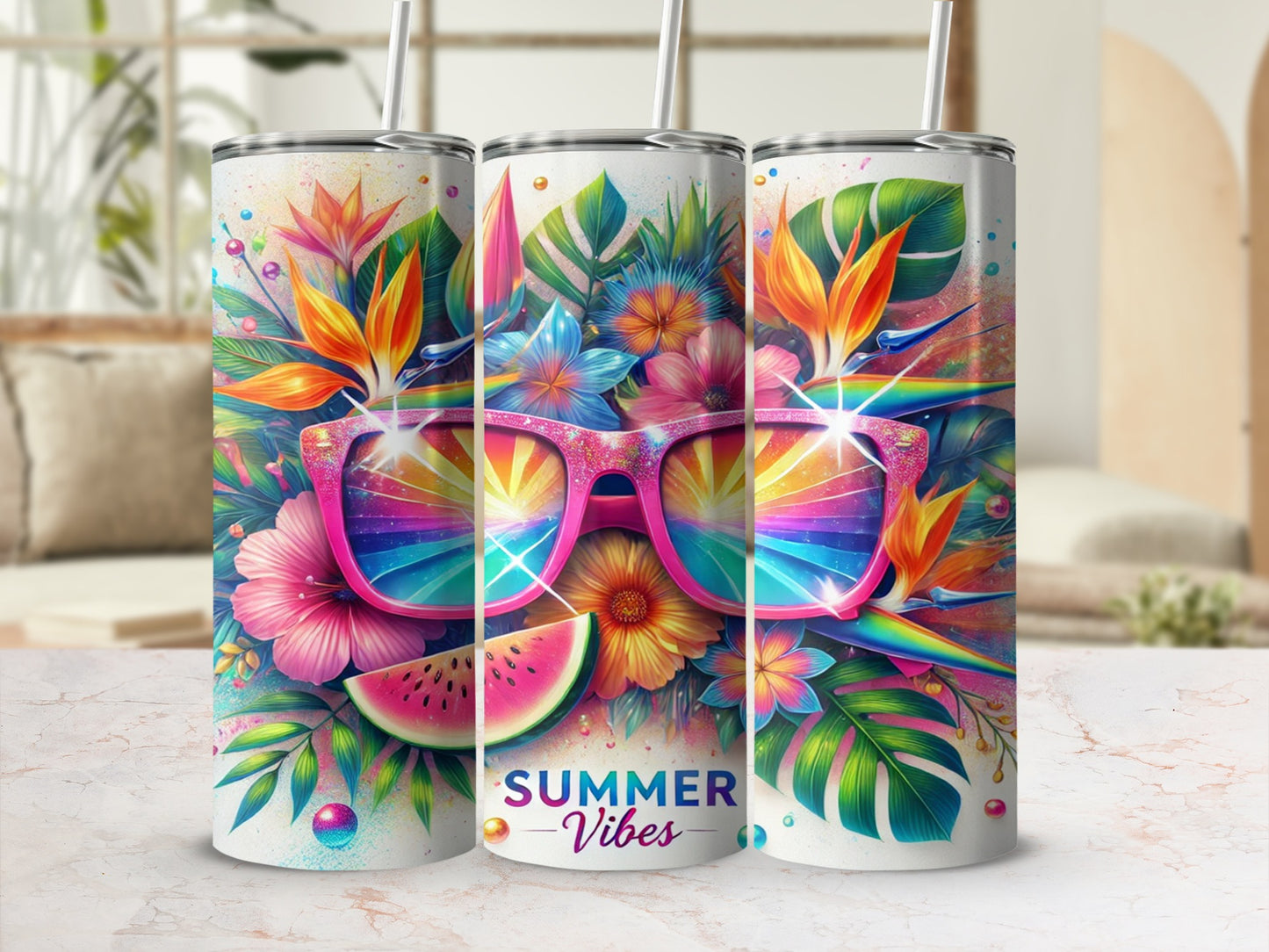 Vibrant Summer Vibes Floral Tropical Design Tumbler