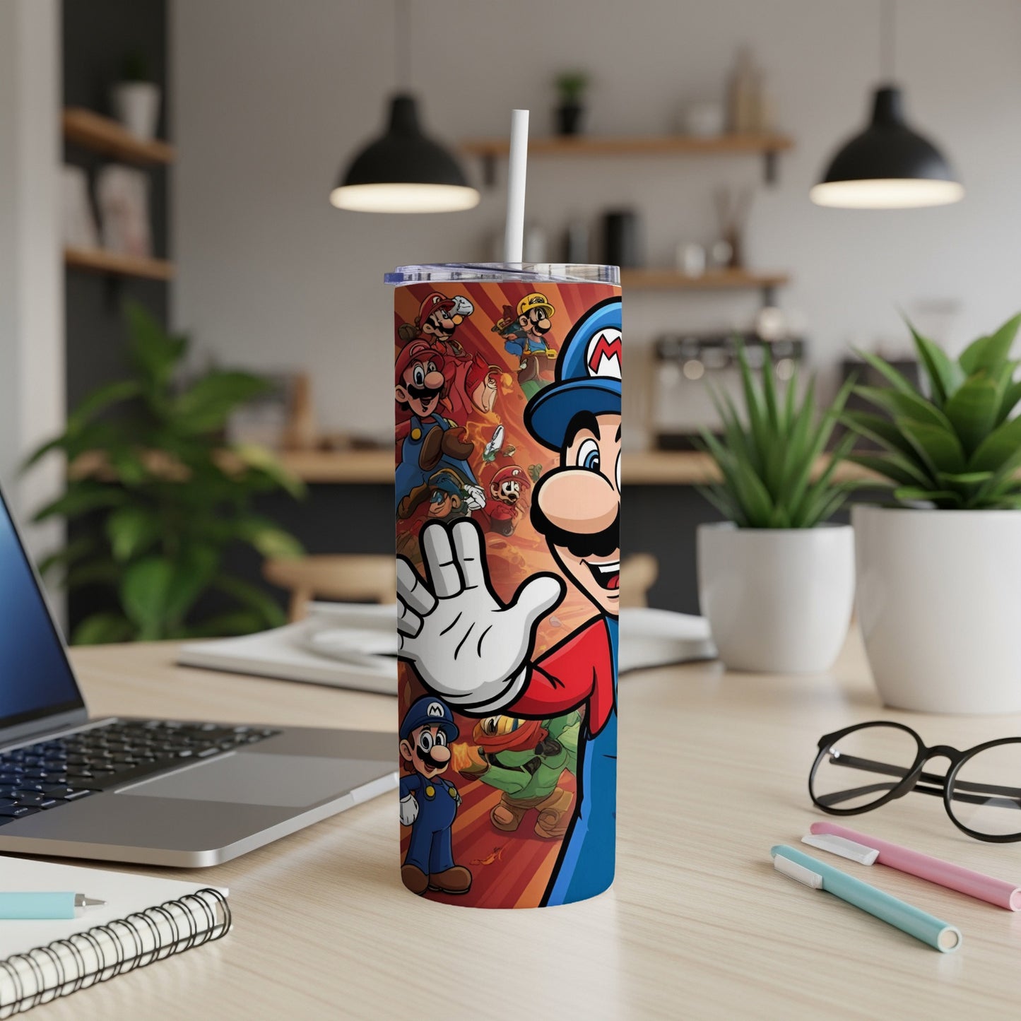 Super Mario characters on a blue tumbler with a white straw.