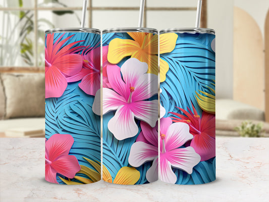 Tropical Floral Print Blue and Pink Tumbler Product