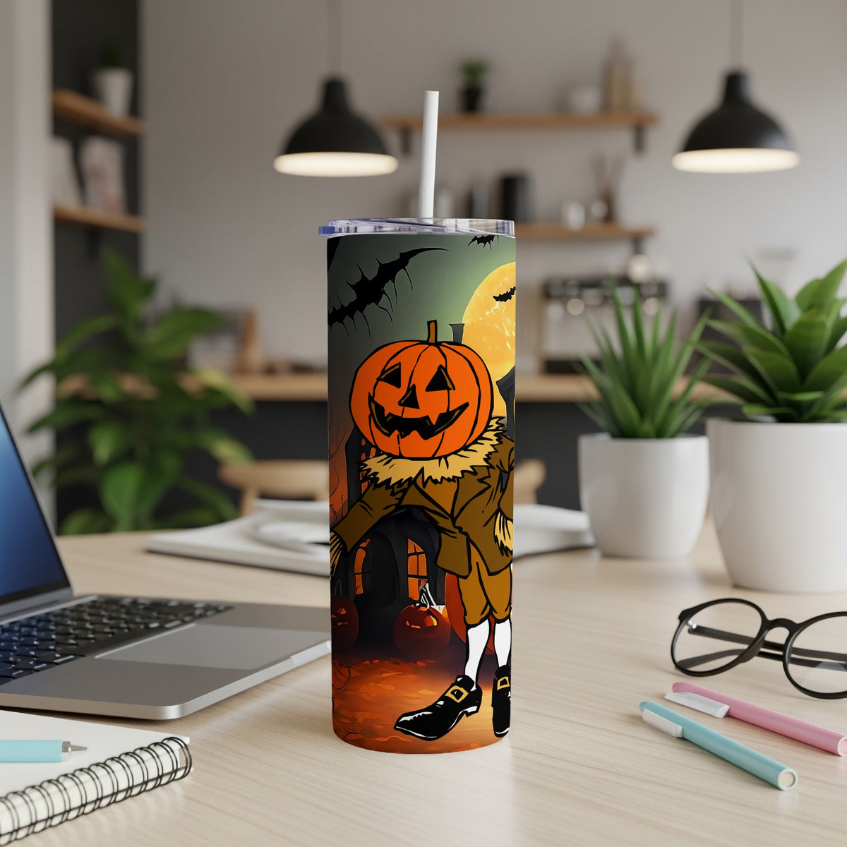 Tall tumbler with a Halloween scarecrow and pumpkin design.