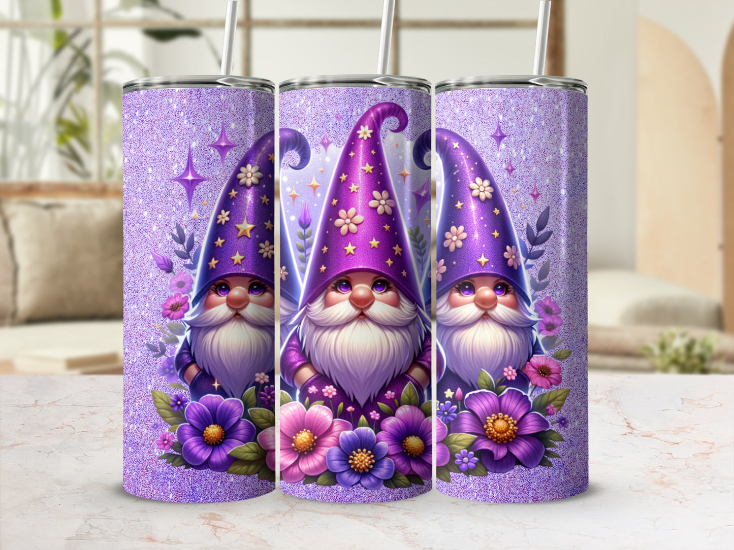 Purple Gnome Stars and Flowers Tall Tumbler Cup