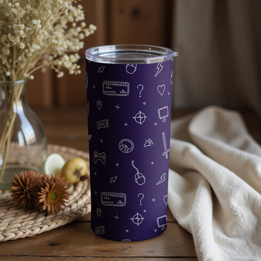 Fun Purple Tumbler with Game and Travel Icons Design