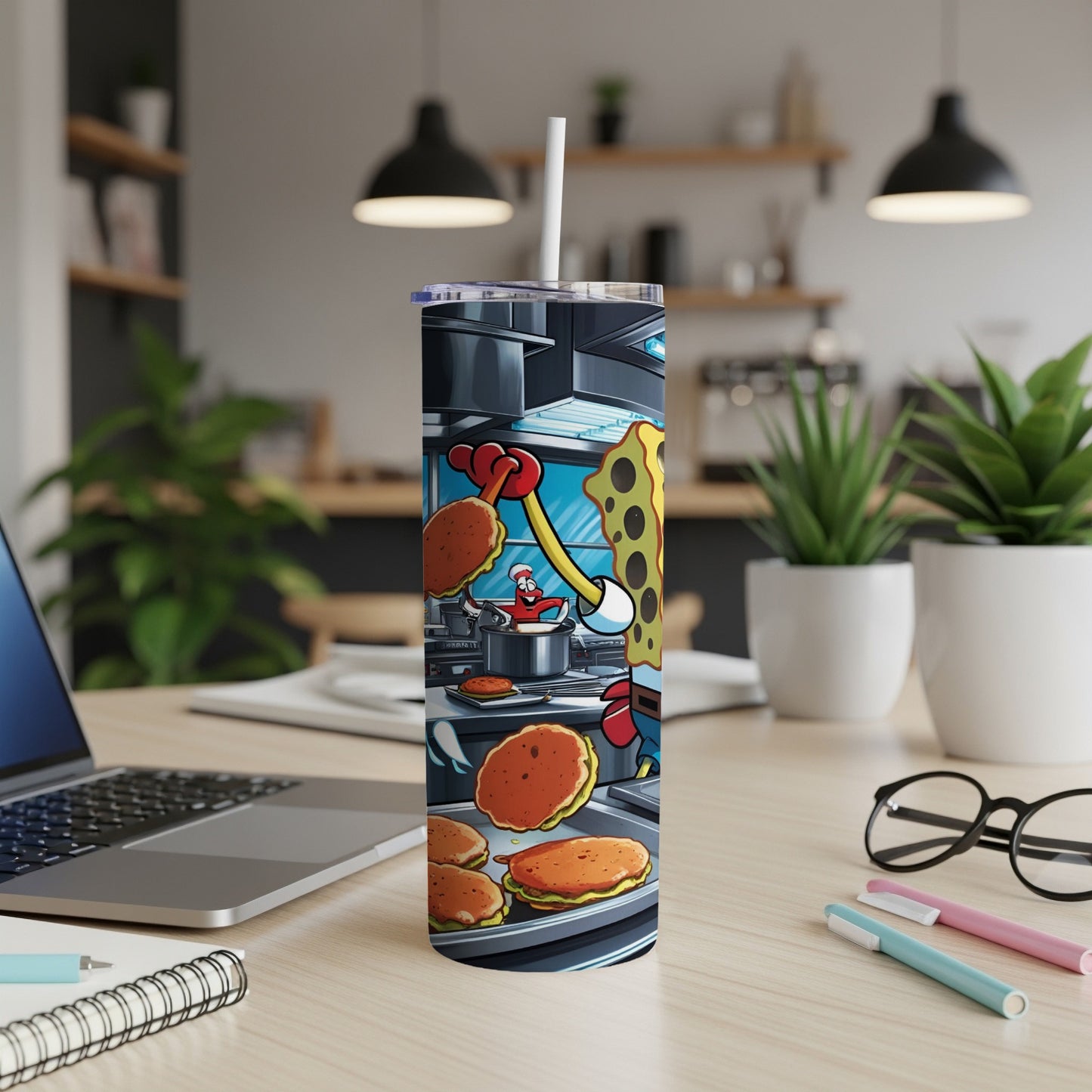 SpongeBob SquarePants character flipping pancakes on a tumbler.
