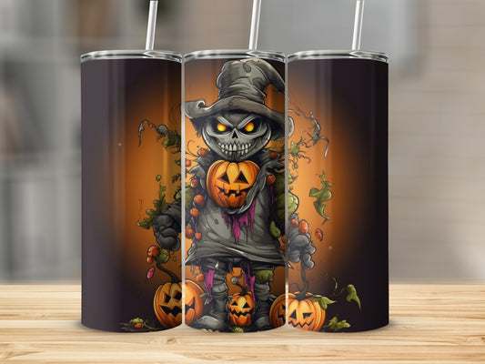 Three tumblers featuring a cartoon monster with a pumpkin head and spooky Halloween theme.