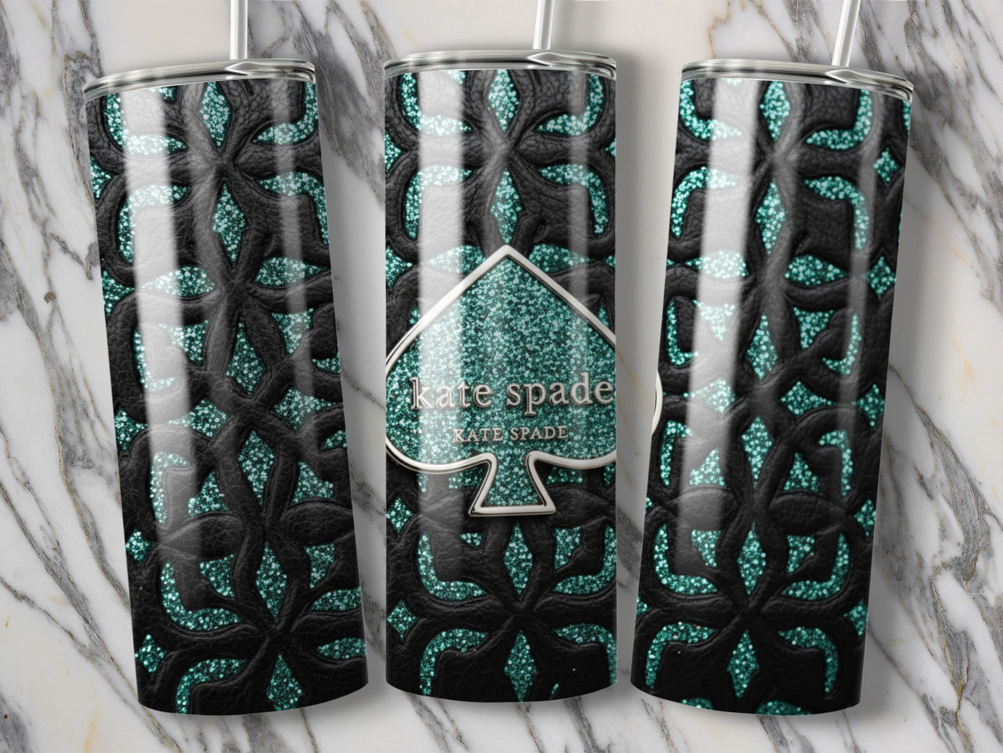 Kate Spade Inspired Logo on Black and Green Floral Design Tumblers