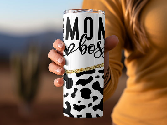 Mom Boss Black and White Cow Print Tumbler