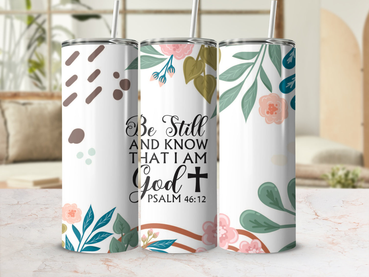 Inspirational Floral Psalm 46:10 Design Tumbler