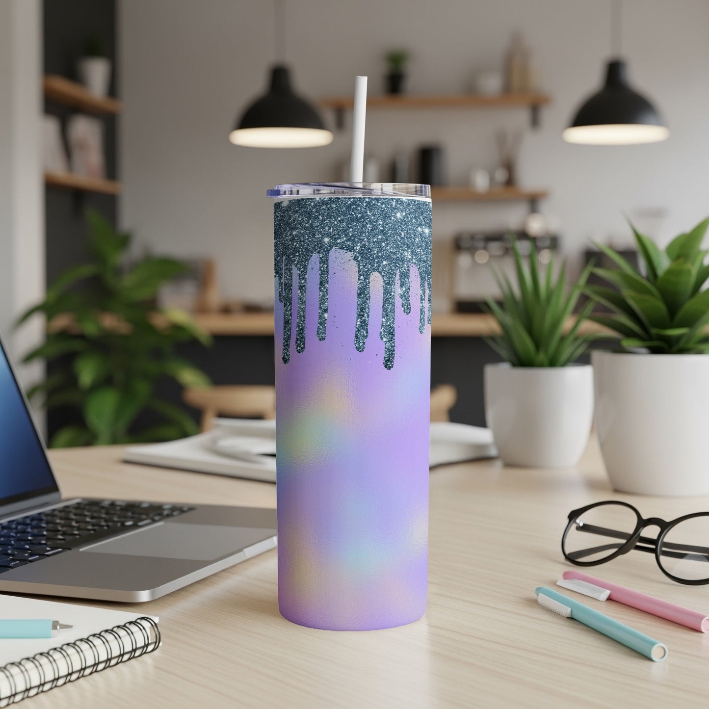 Tall tumbler with purple tie-dye and glitter drip design.