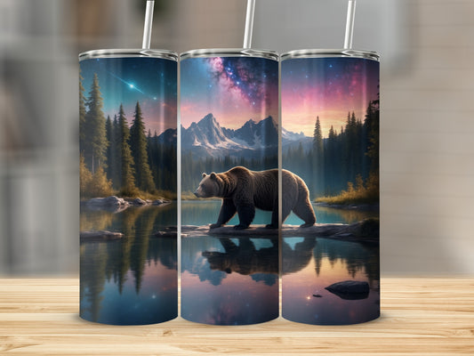 Bear walking on a log by a lake under a starry sky.