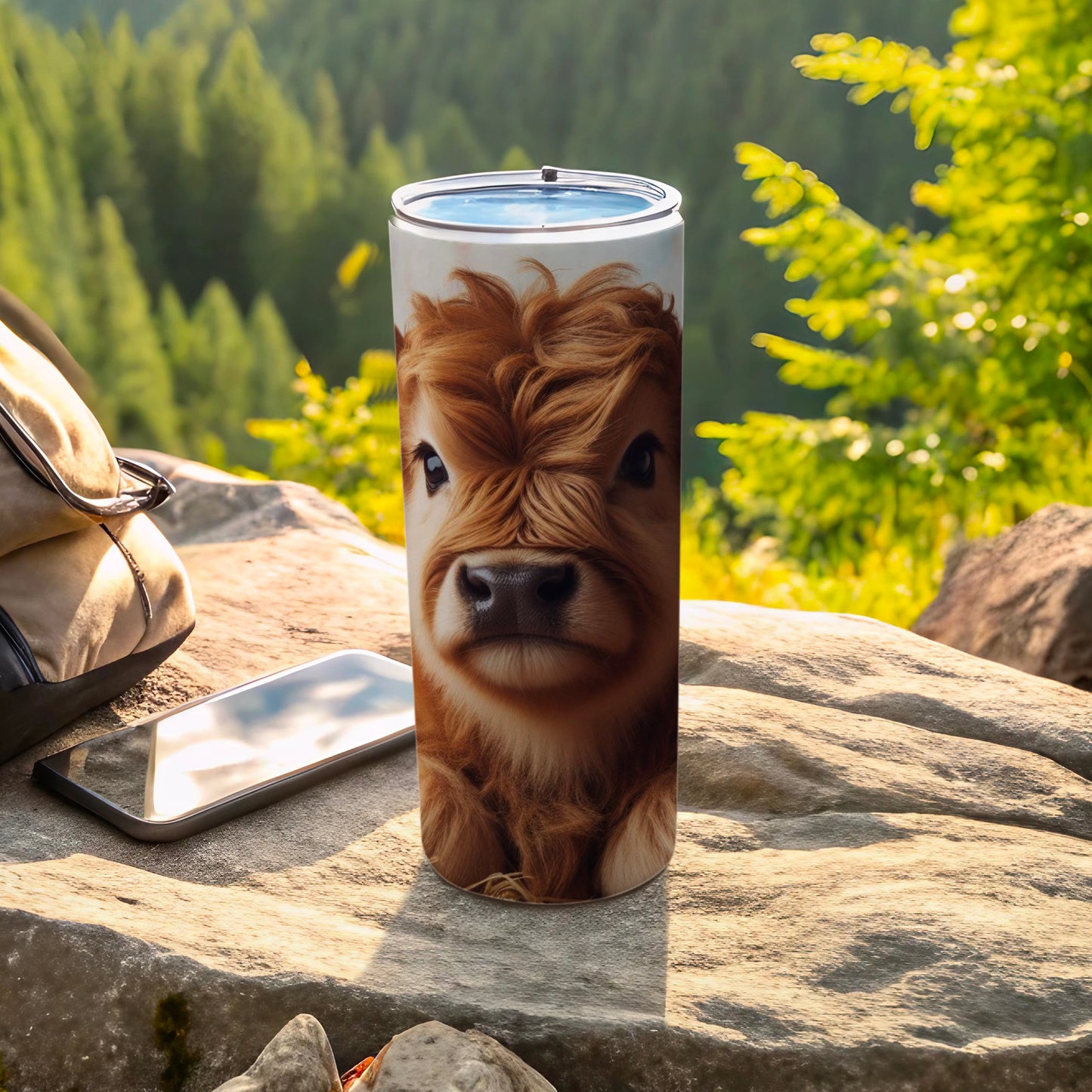 Highland Cow Travel Tumbler with Nature Background Design