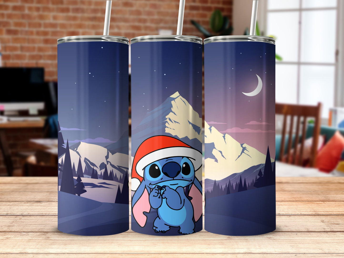 Cute Stitch Santa Tumbler with Night Mountain Scenery