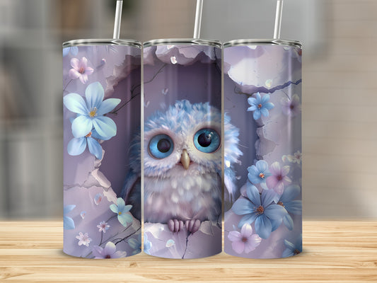 Fuzzy owl with big blue eyes peeking through cracked opening with flowers.