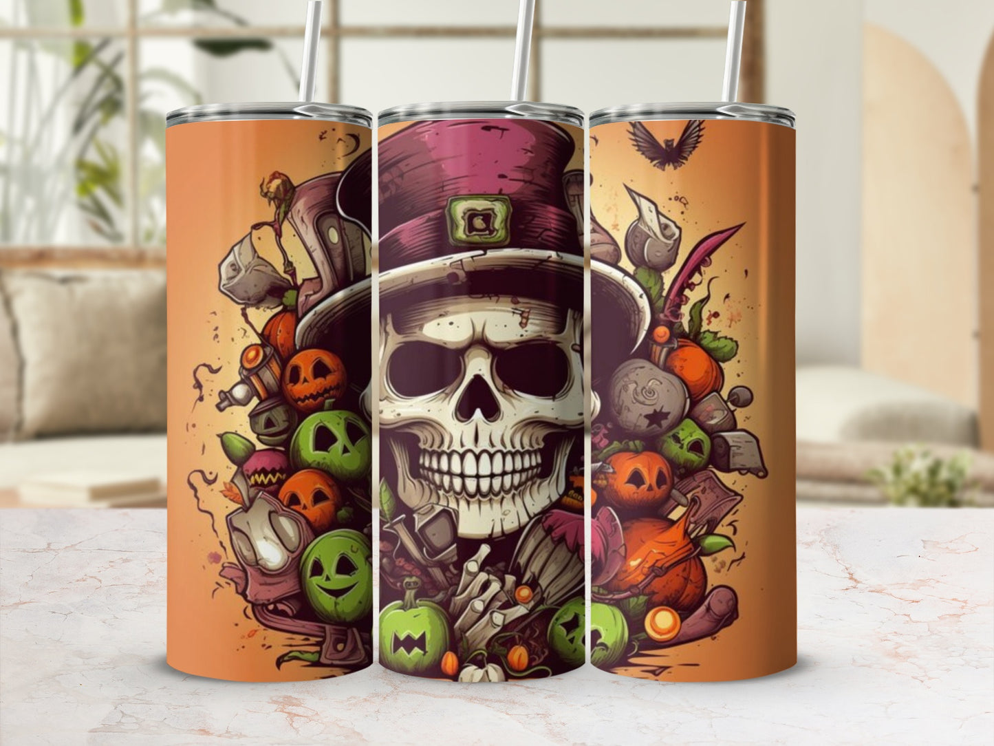 Festive Skeleton and Pumpkin Themed Tumbler Flask