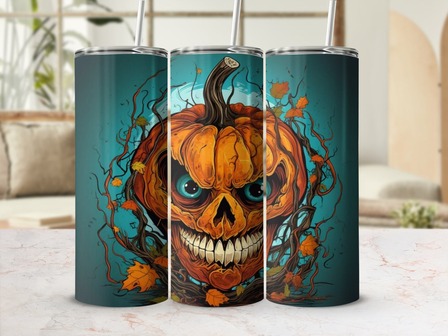 Spooky Pumpkin Skull Halloween Tumbler with Straw