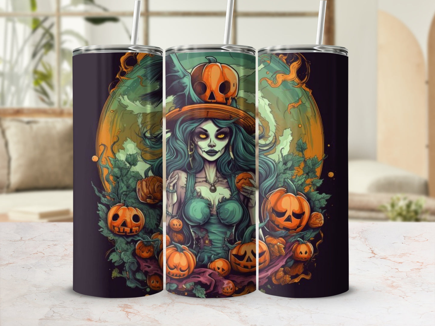 Spooky Green Witch and Pumpkins Halloween Tumbler