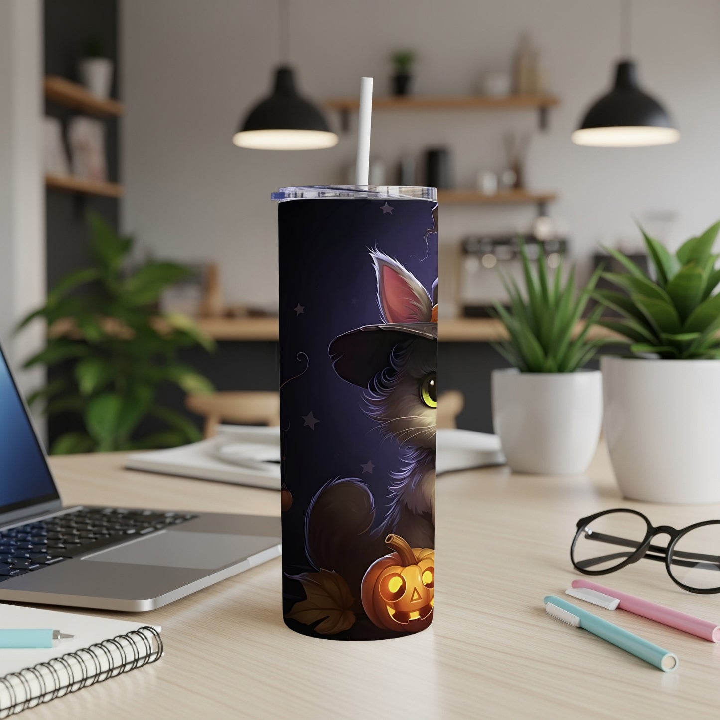 Halloween cat with witch hat and pumpkin on a dark starry background tumbler.