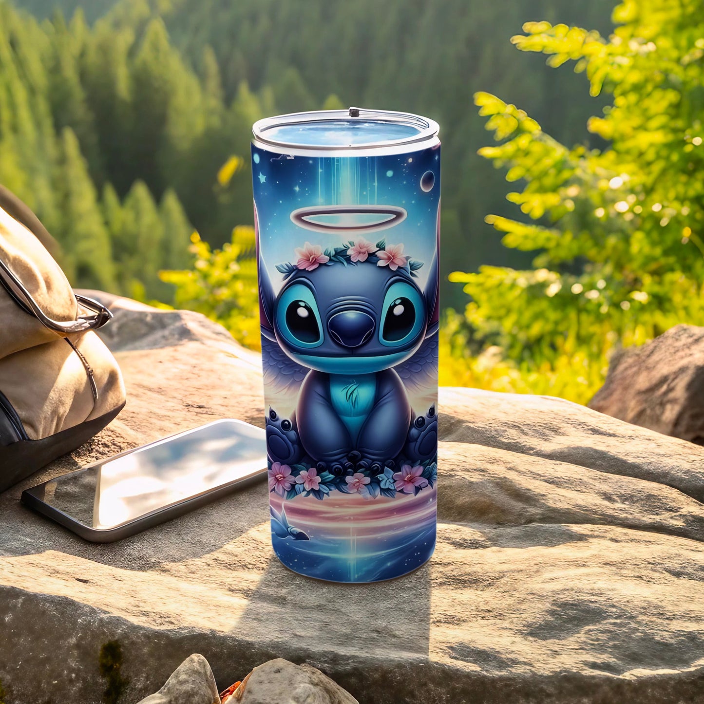 Cute Blue Alien With Halo And Flowers Tumbler Cup