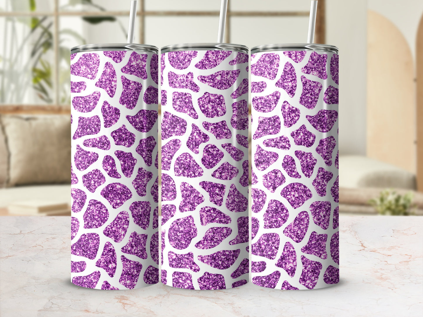 Purple Glitter Leopard Print Tumbler Set for Stylish Drinks