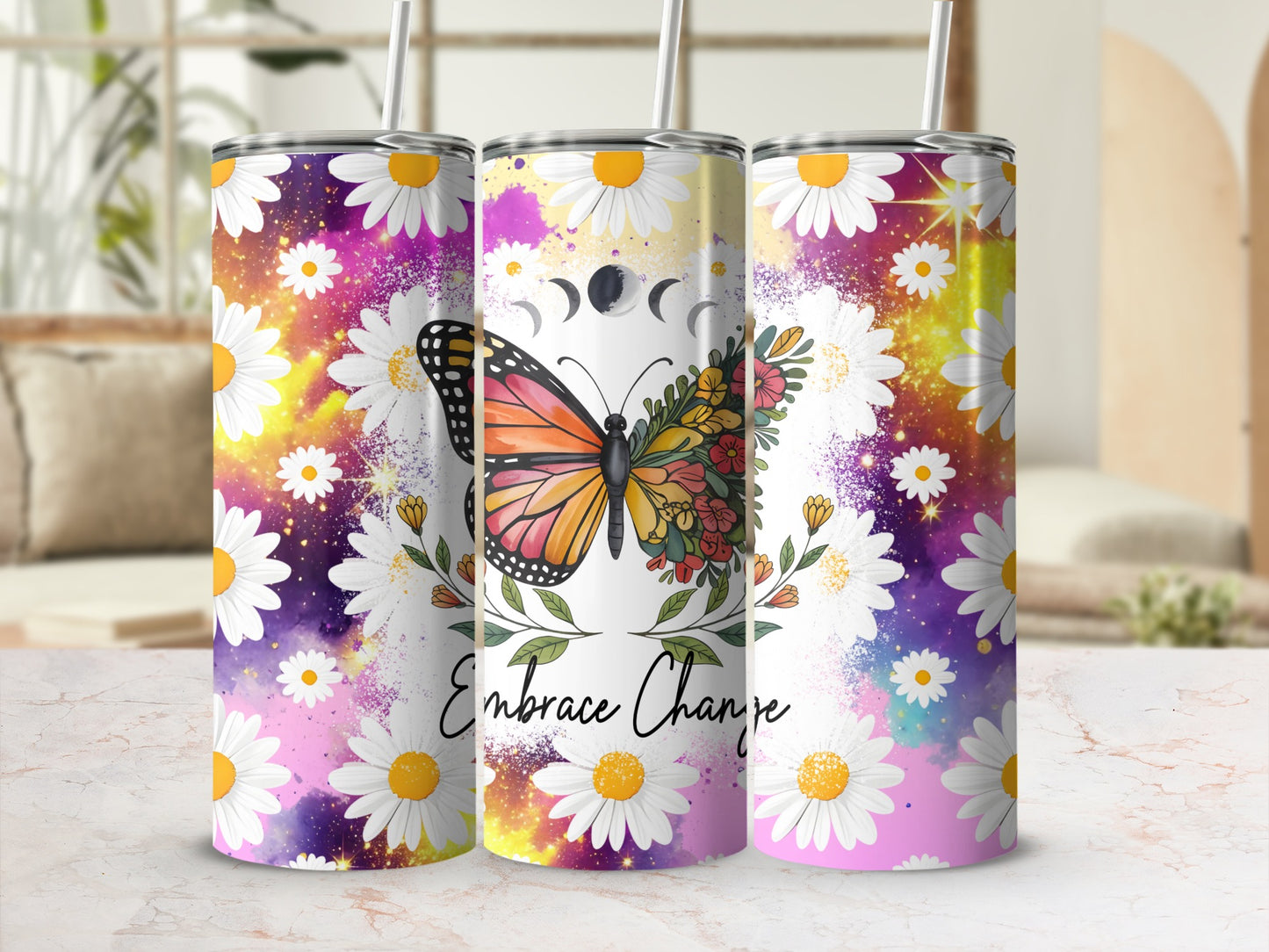 Colorful Daisy and Butterfly Pattern Tumbler