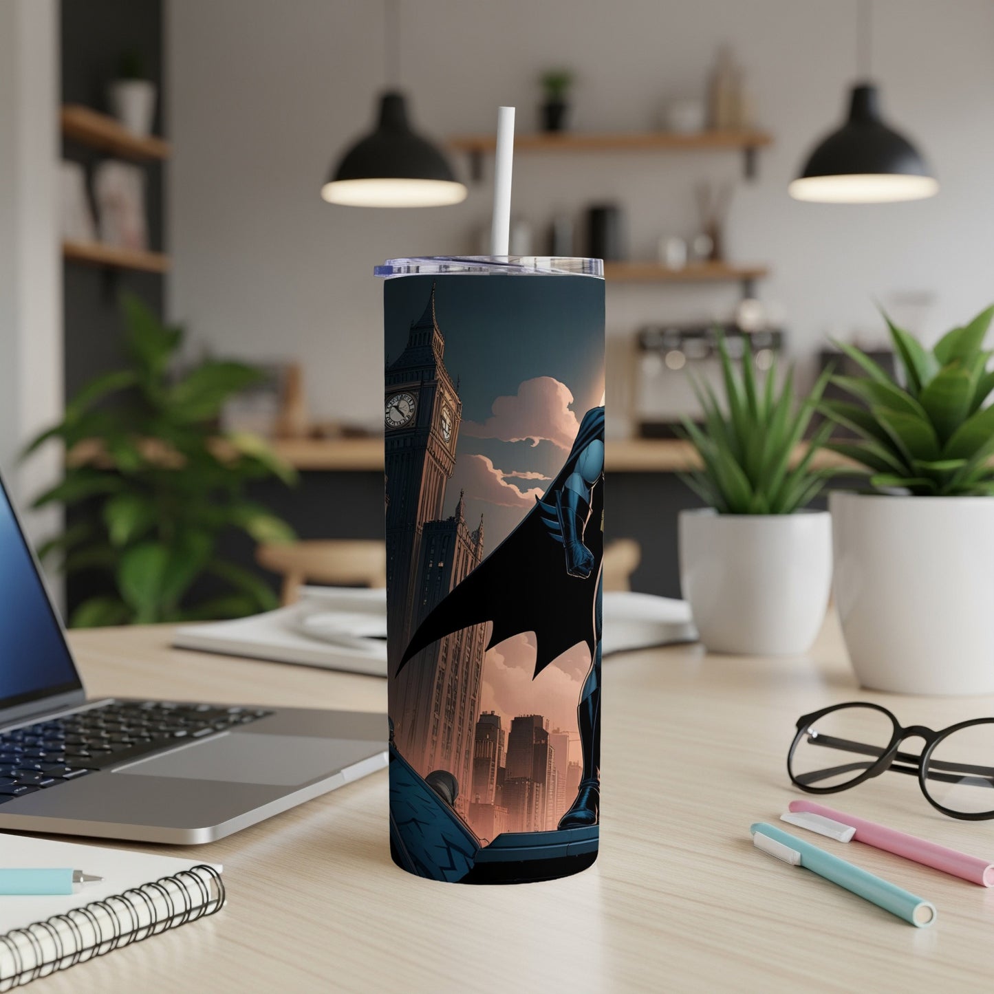 Tall tumbler with Batman overlooking a cityscape with Big Ben.