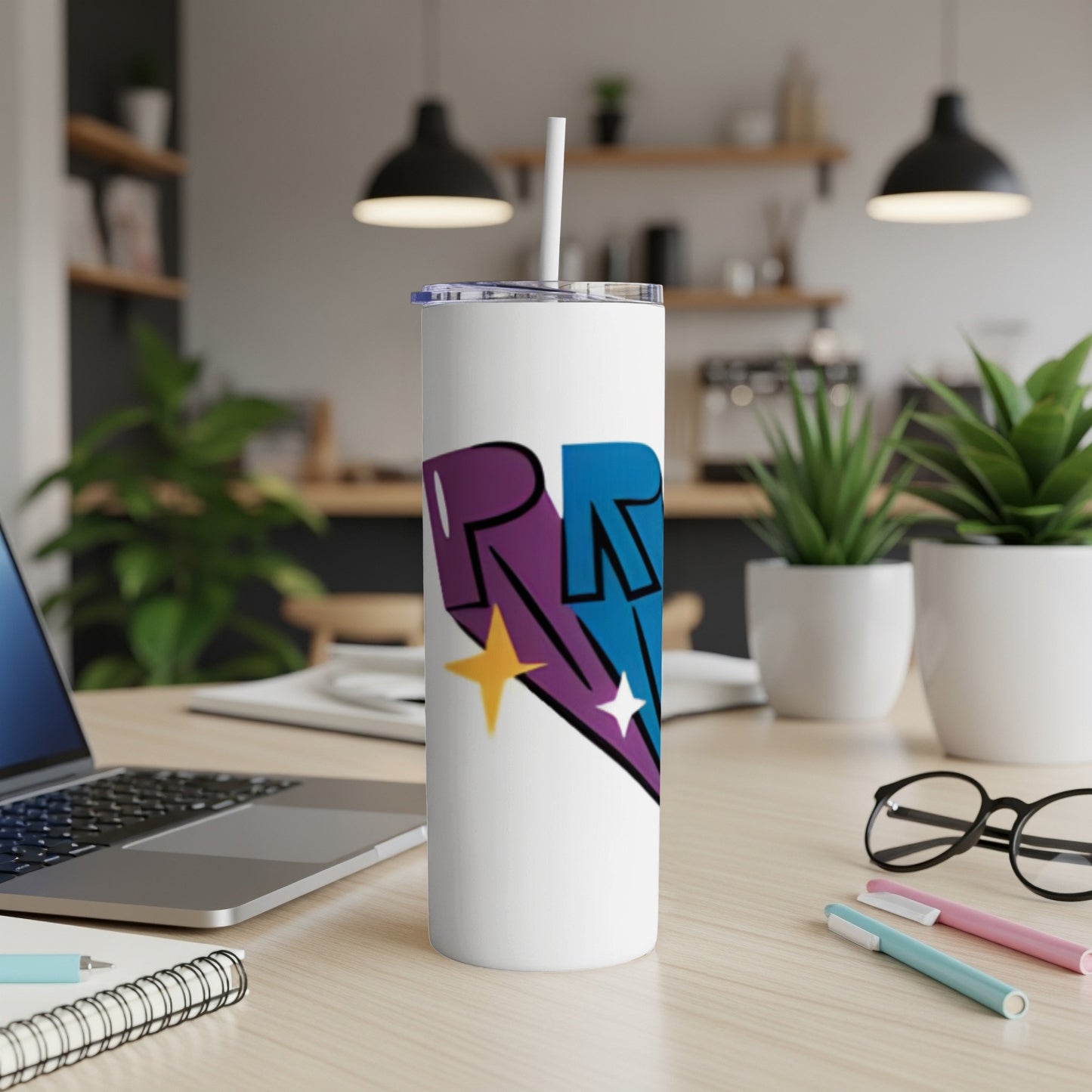 White tumbler with purple and blue "RR" logo and yellow star.