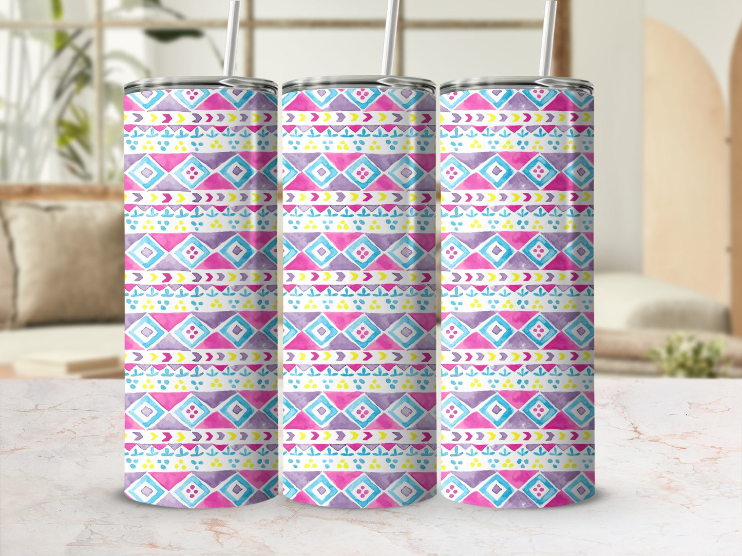 Colorful Geometric Pattern Tumbler with Straw Product