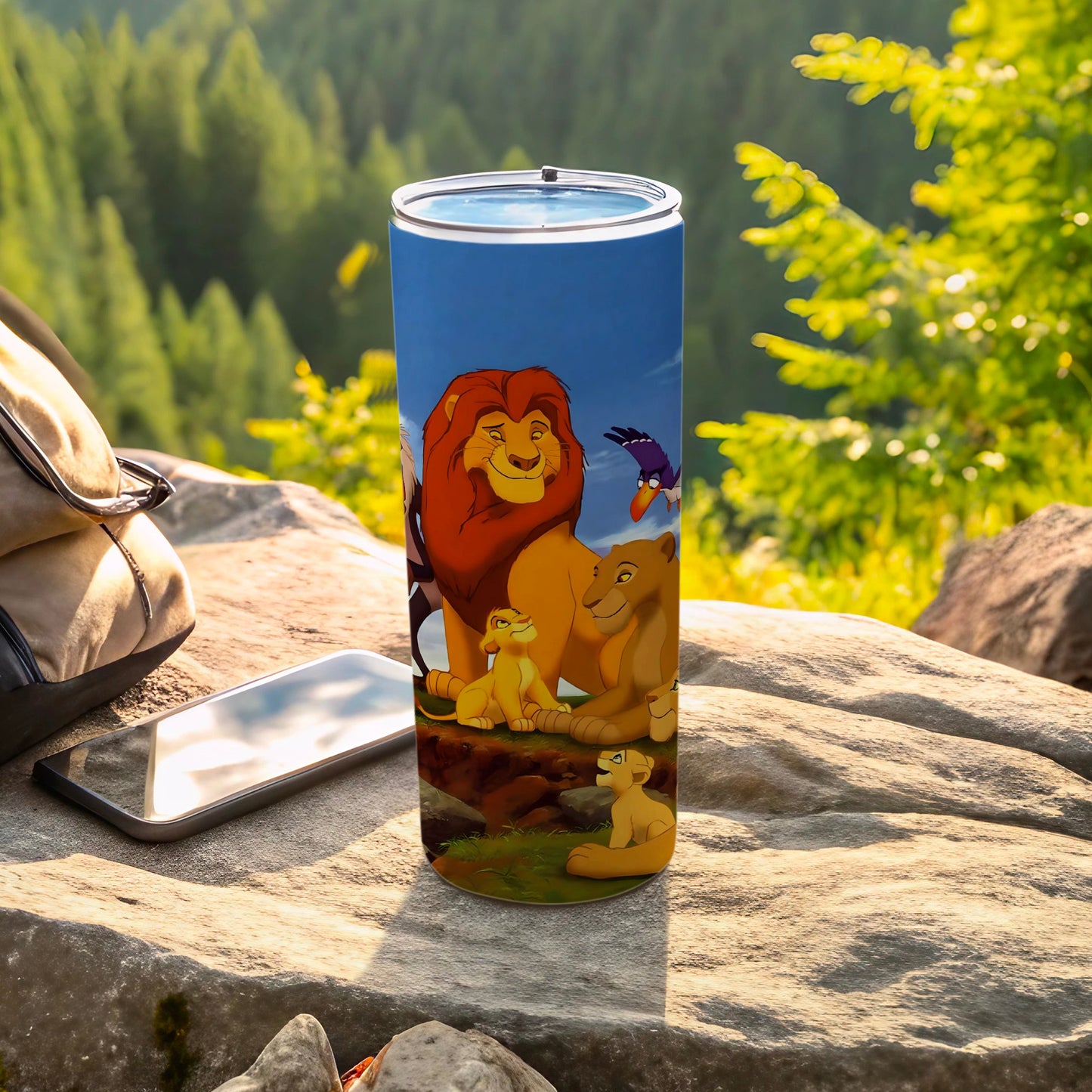Lion Family Themed Tumbler Featuring Scenic Background