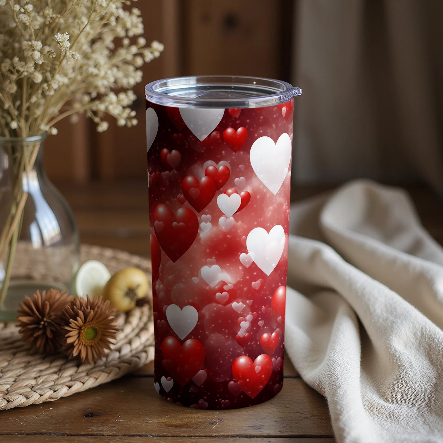 Red and White Heart Design Insulated Drink Tumbler