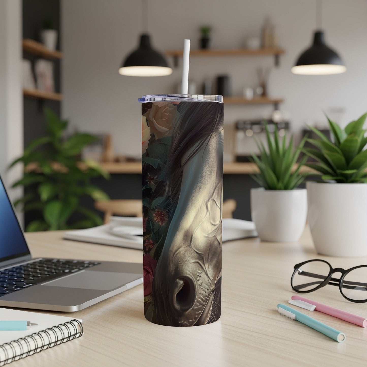 Horse head and flowers illustration on a skinny tumbler.