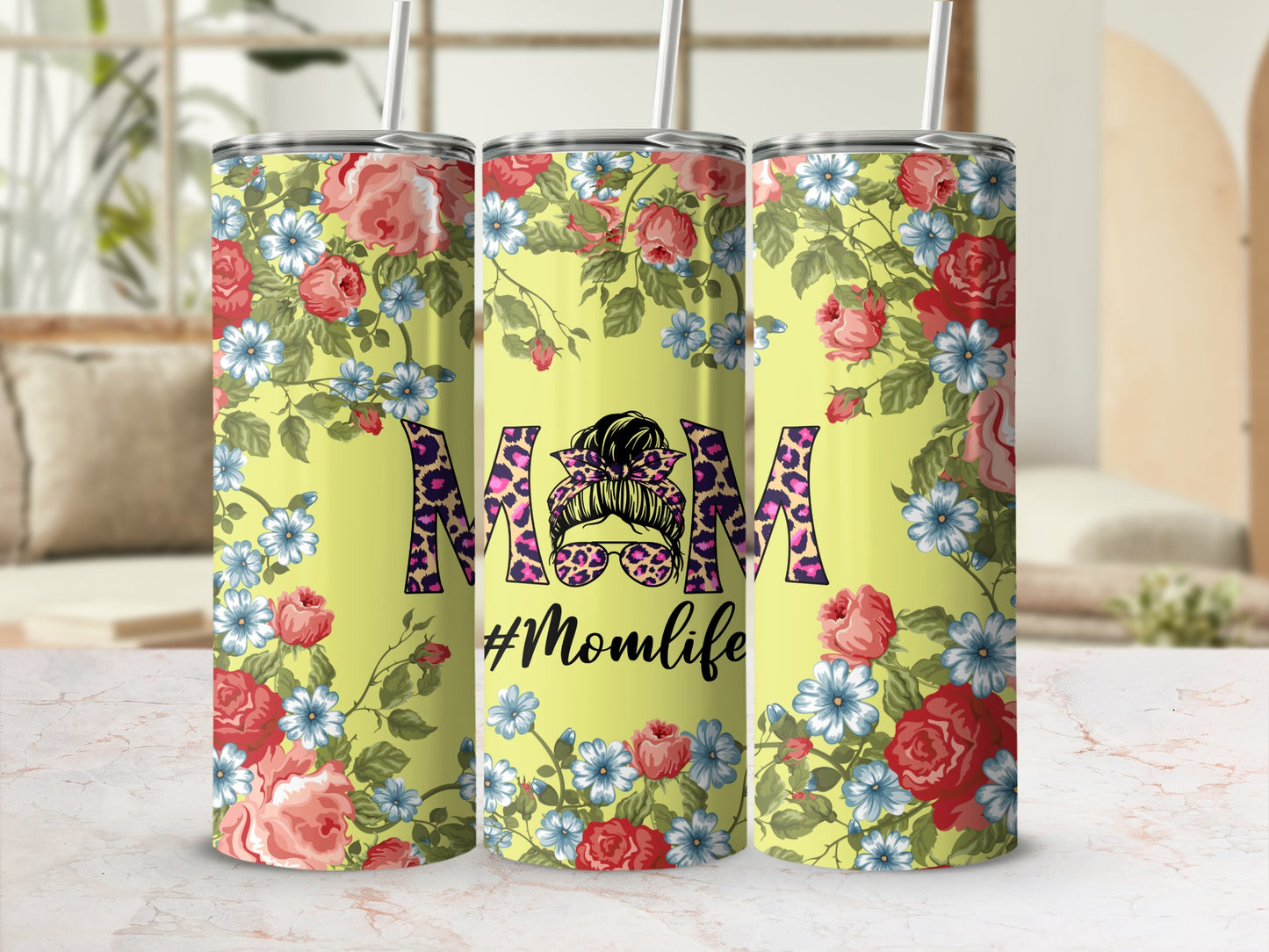 Floral #Momlife Tumbler with Leopard Print Design