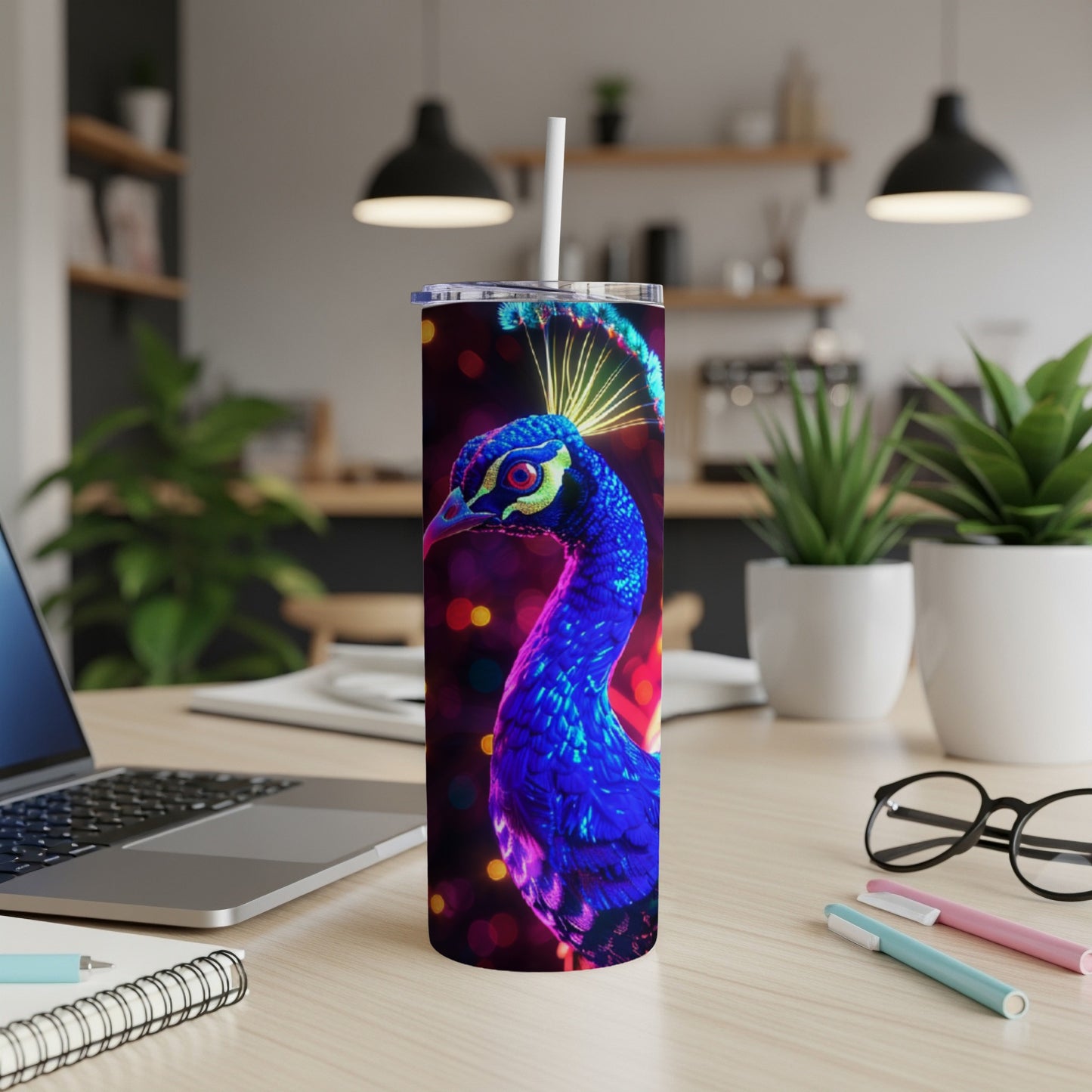 Vibrant peacock on a tumbler with bokeh lights background.
