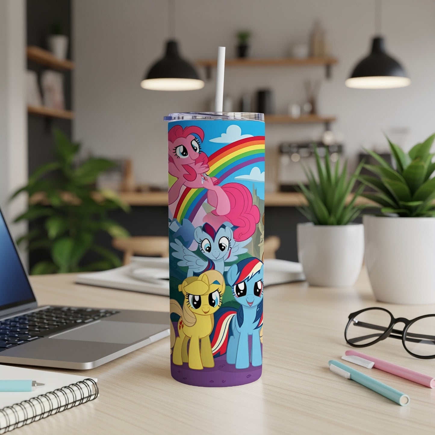 Pinkie Pie and Rainbow Dash on a colorful tumbler with a rainbow.