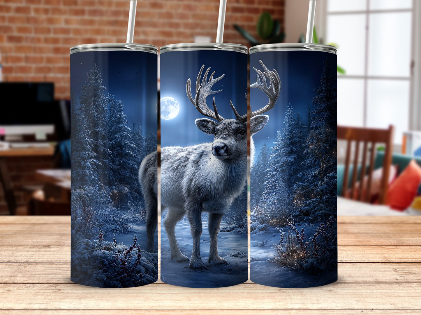 Winter Deer Under Moonlight Scene Travel Tumblers