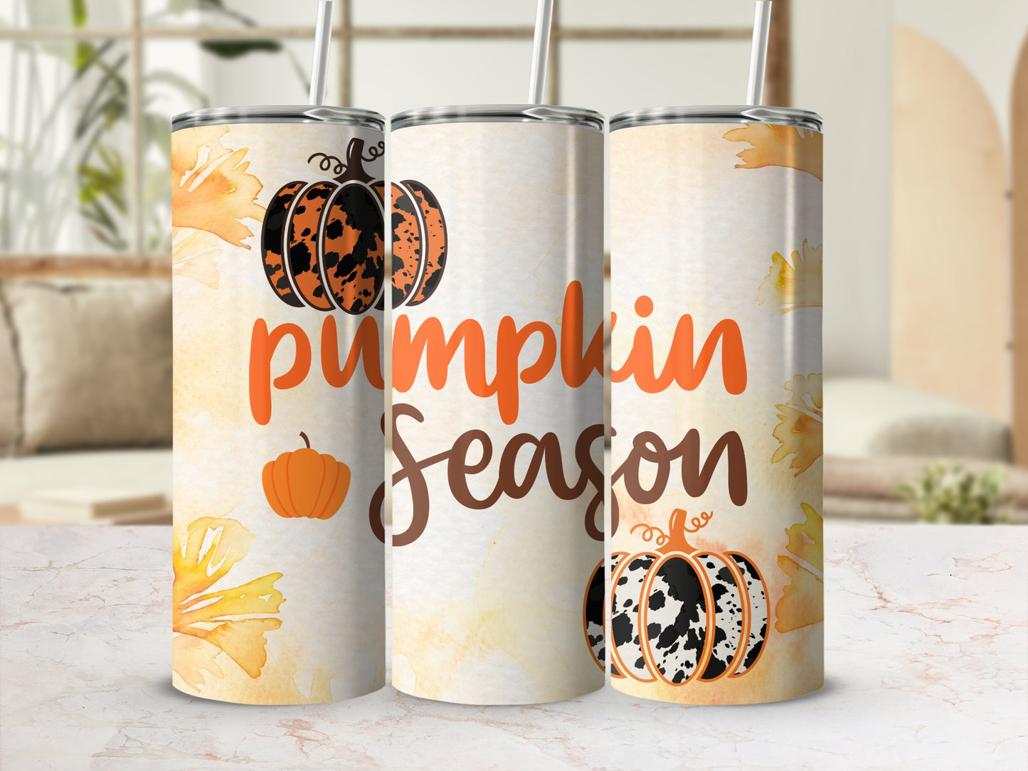 Pumpkin Season Tumbler with Straw Autumn Design