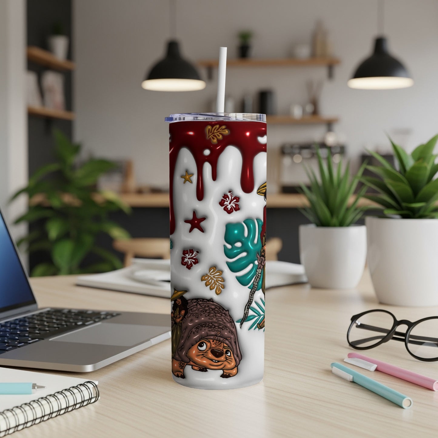 Turtle and tropical leaves design on a white tumbler with red accents.