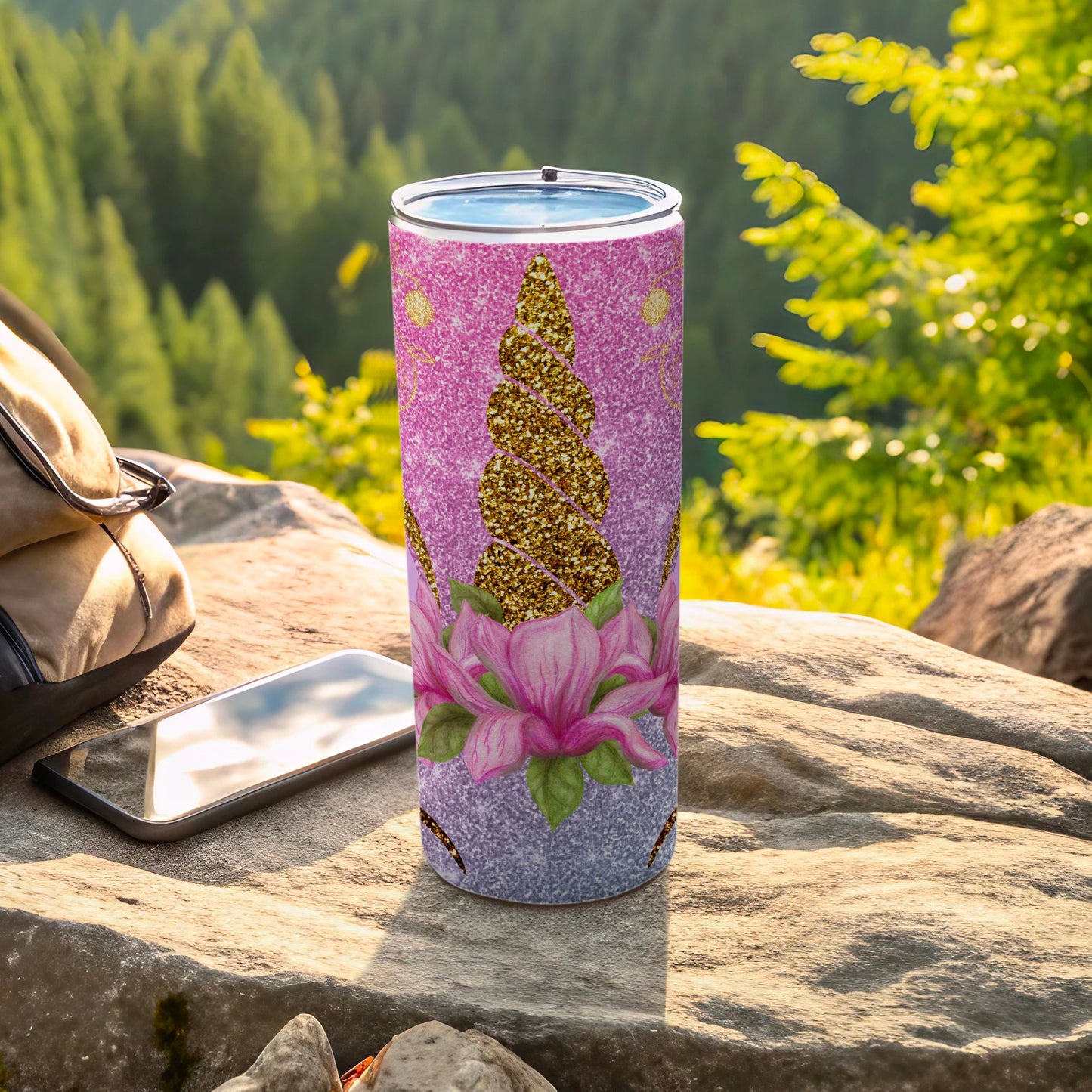 Sparkling Unicorn Horn Tumbler with Floral Design