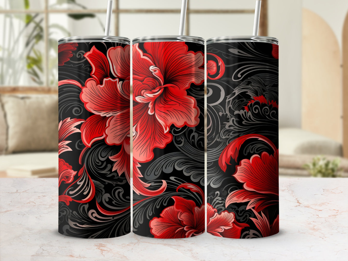 Elegant Red and Black Floral Insulated Tumbler Product