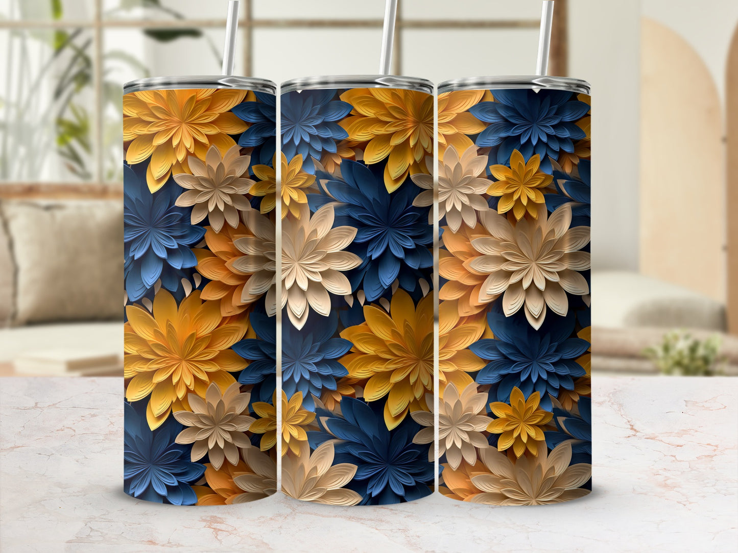 Elegant Floral Design Tumbler with Straw 20oz