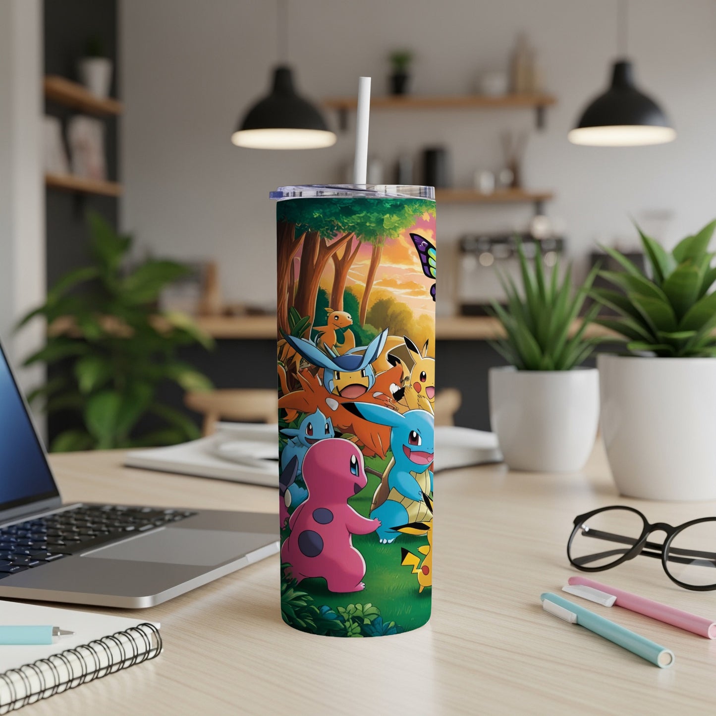 Pokemon characters on a tumbler with a butterfly in the background.