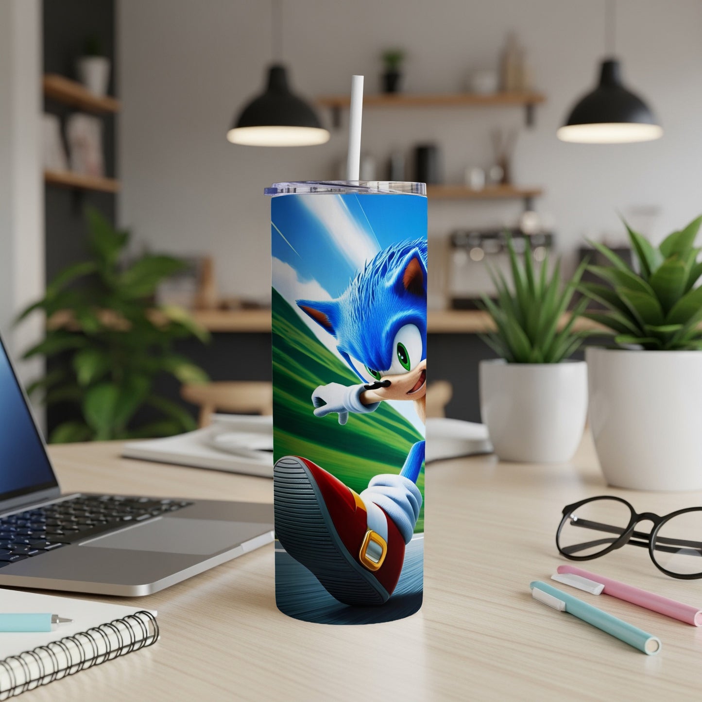 Sonic the Hedgehog running on a blue and green background.