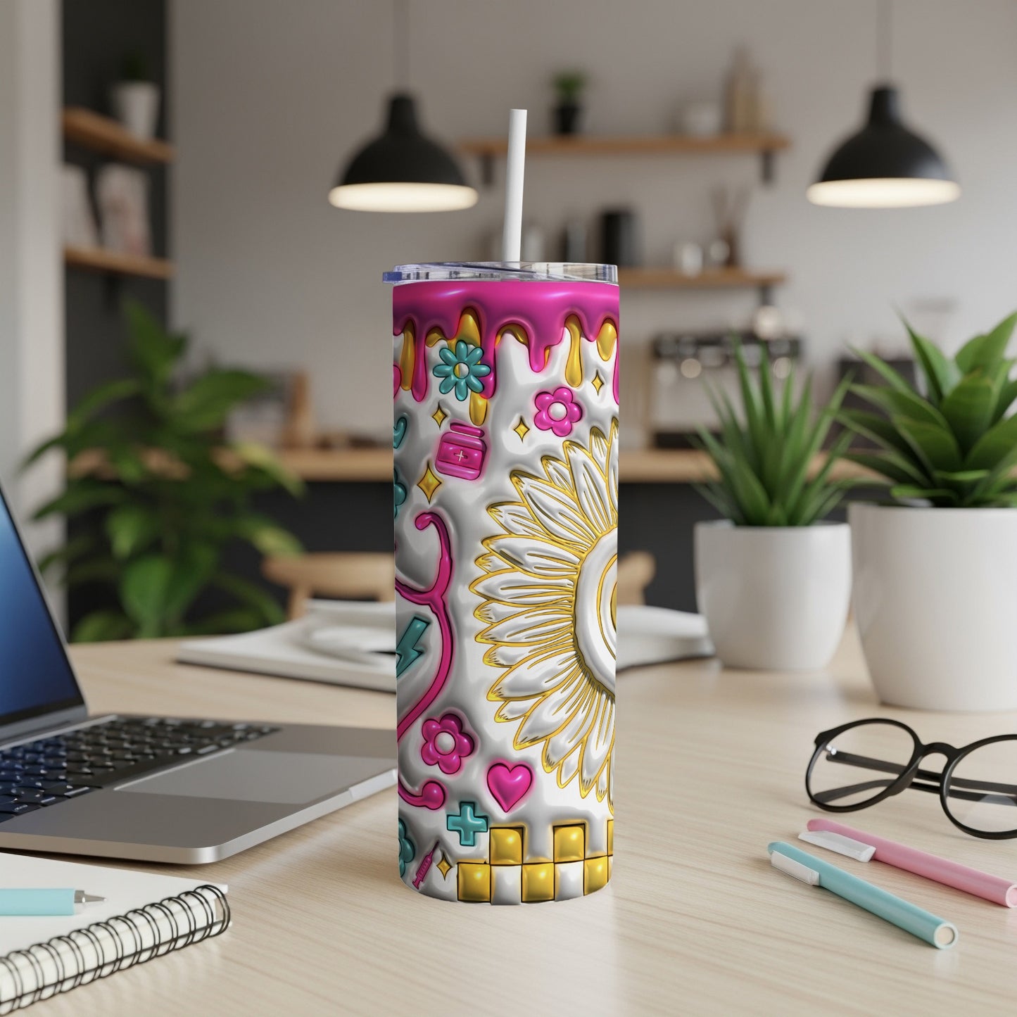 White tumbler with medical and flower icons, lid, and straw.
