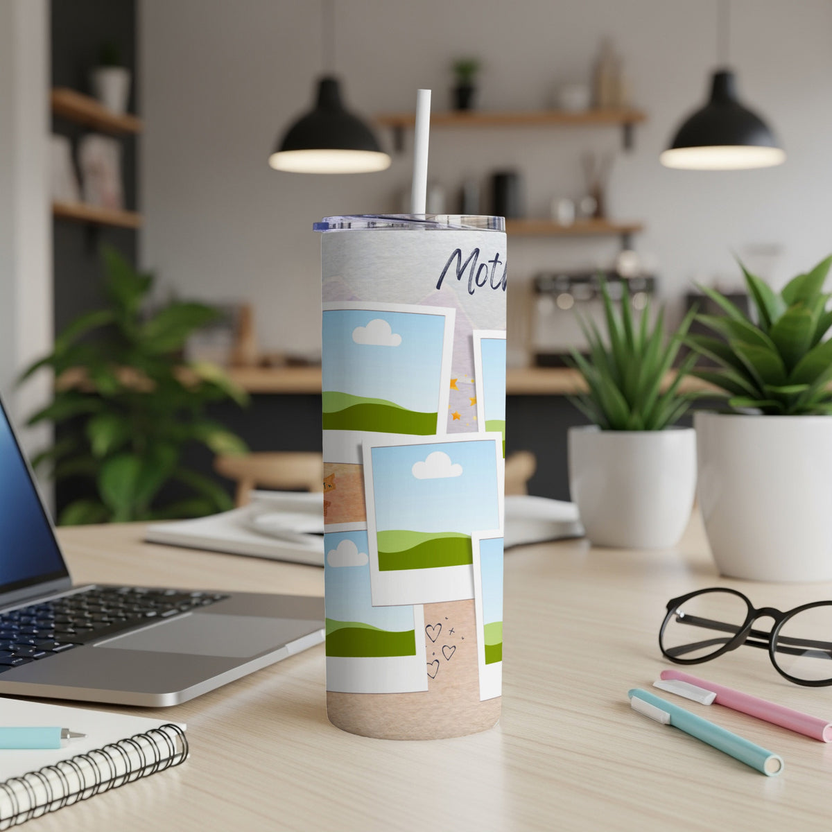 Tumbler with a collage of polaroid photos and the word "Mother" in cursive.
